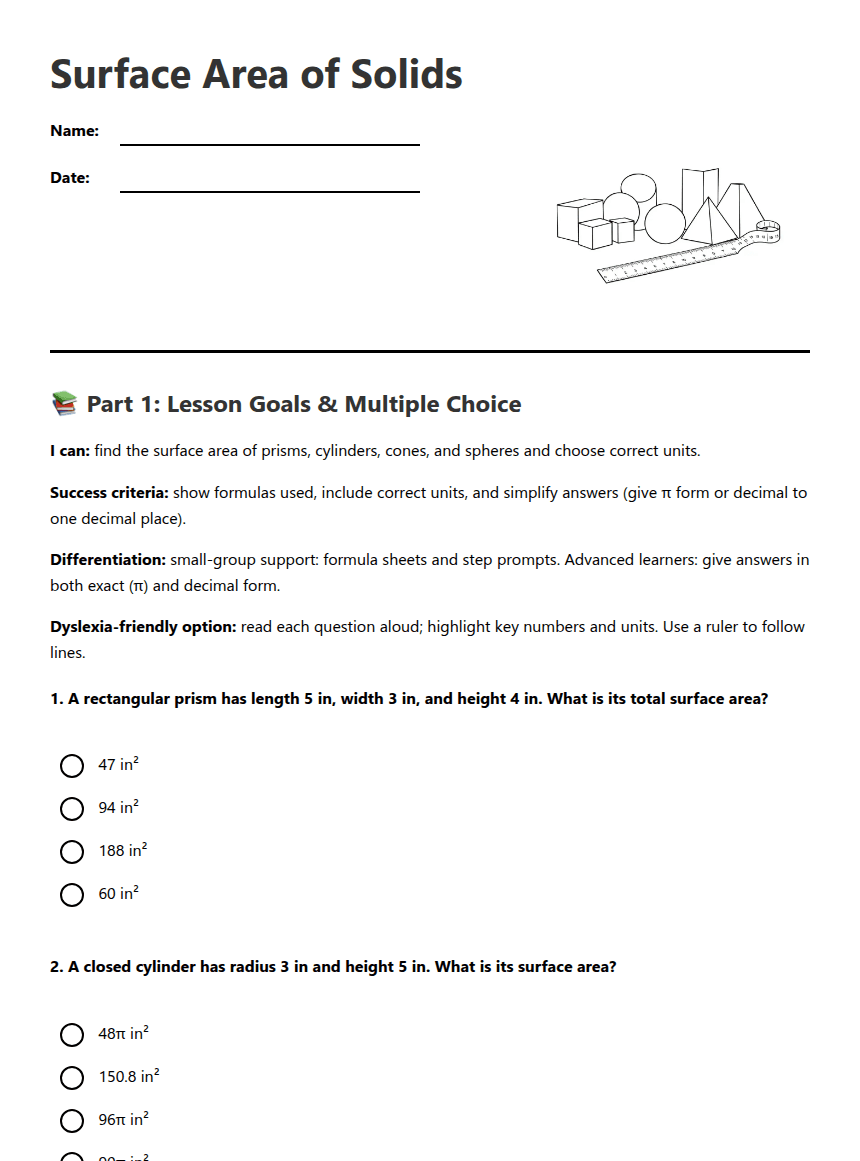 Surface Area of Solids worksheet preview