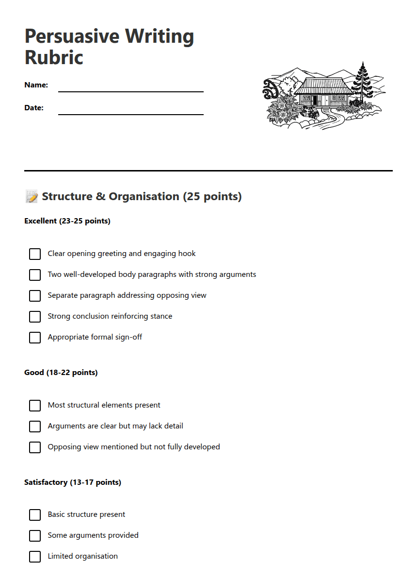 Persuasive Writing Rubric worksheet preview