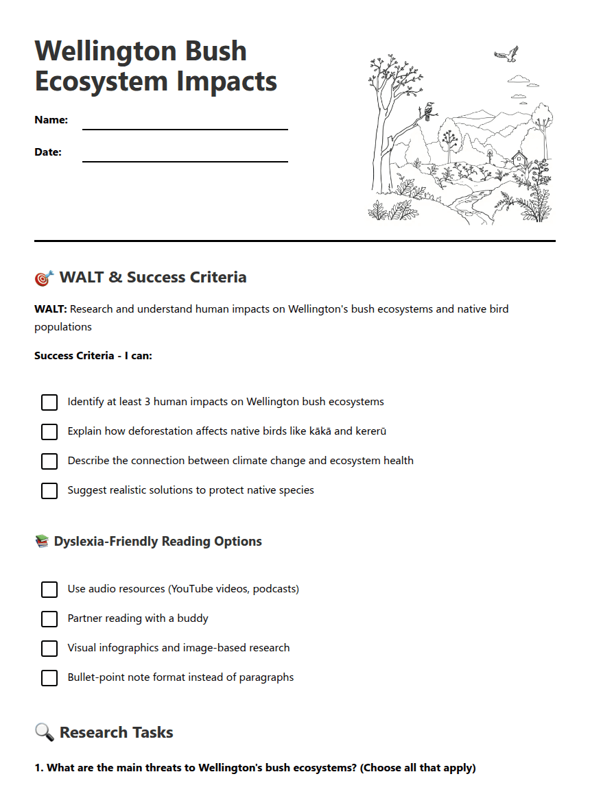 Wellington Bush Ecosystem Impacts worksheet preview