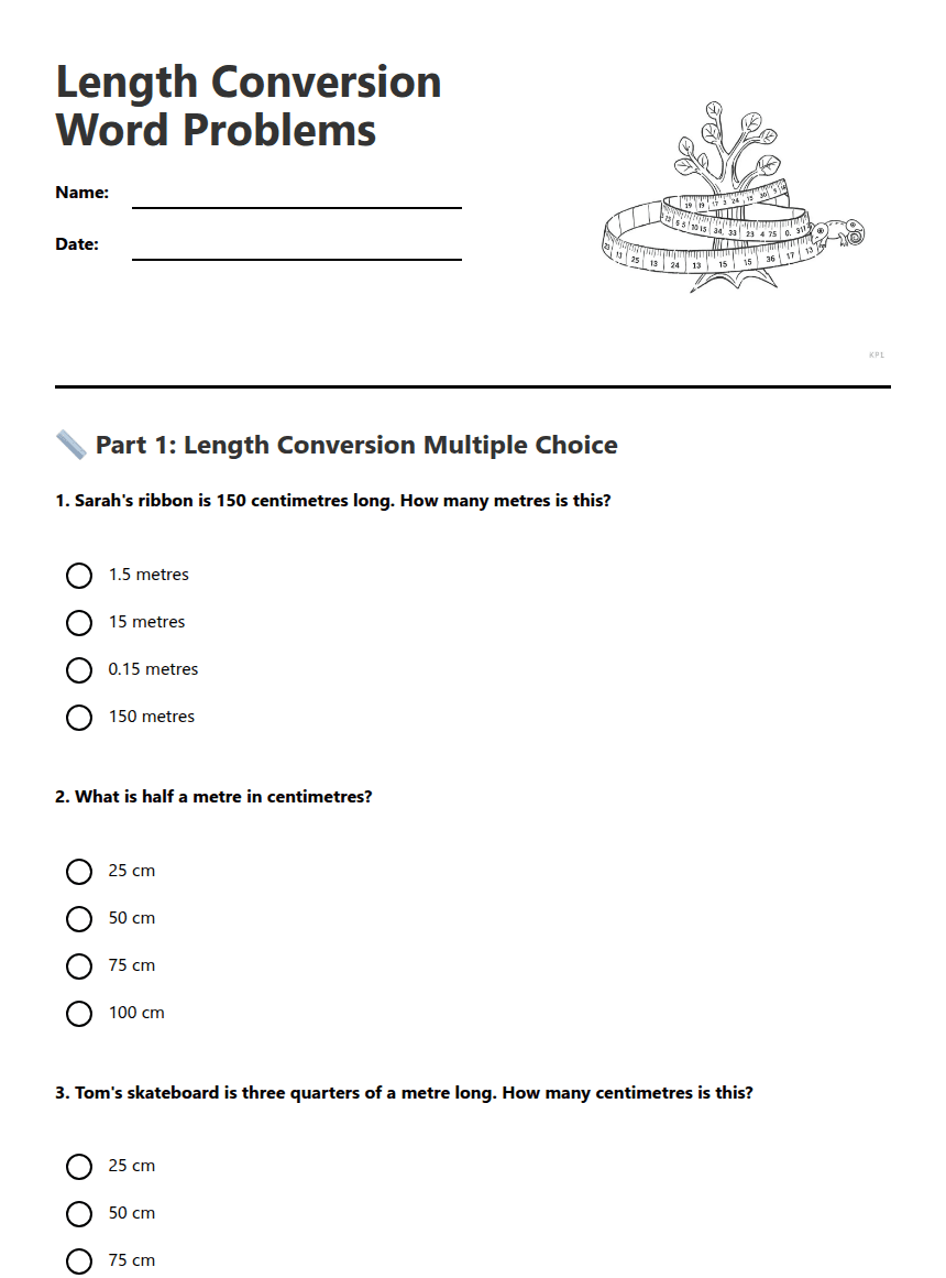 Length Conversion Word Problems worksheet preview