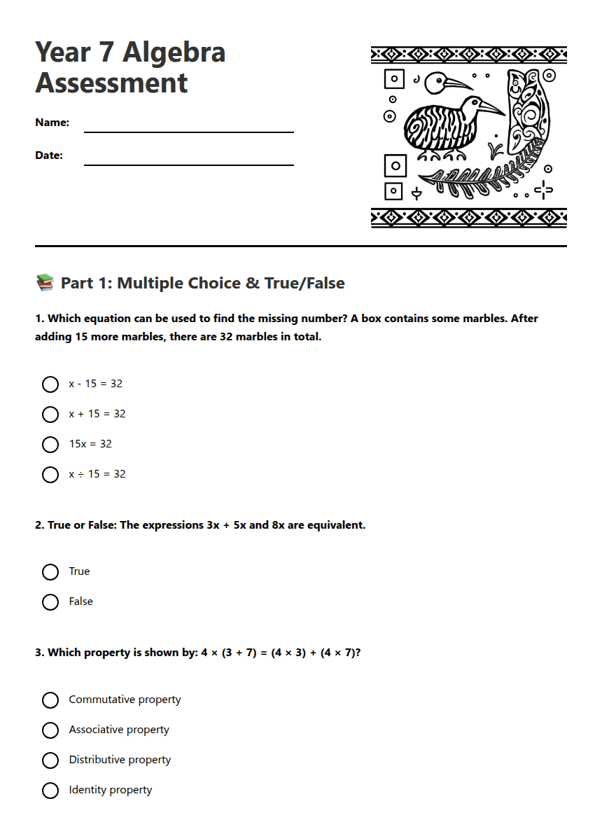 Year 7 Algebra Assessment worksheet preview