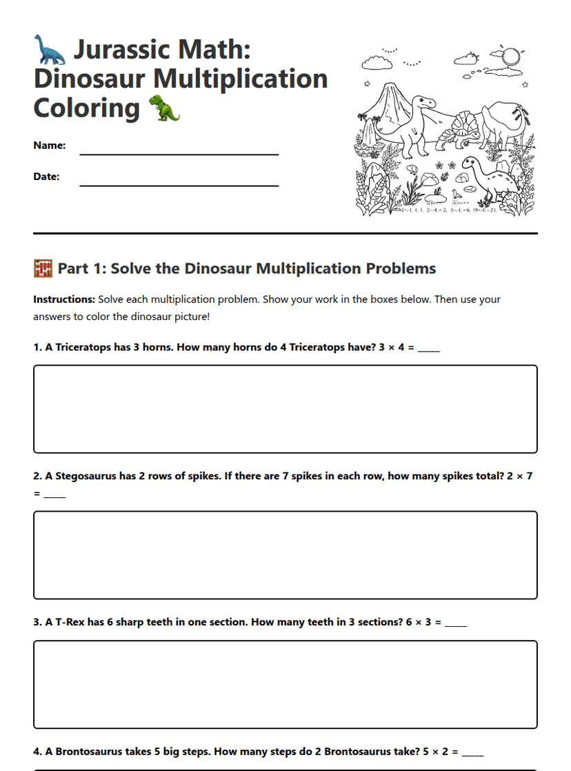 Dinosaur Multiplication Coloring