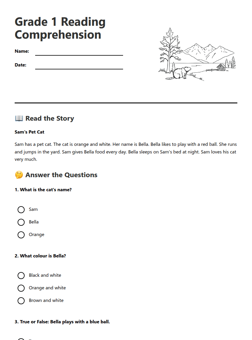 Grade 1 Reading Comprehension worksheet preview