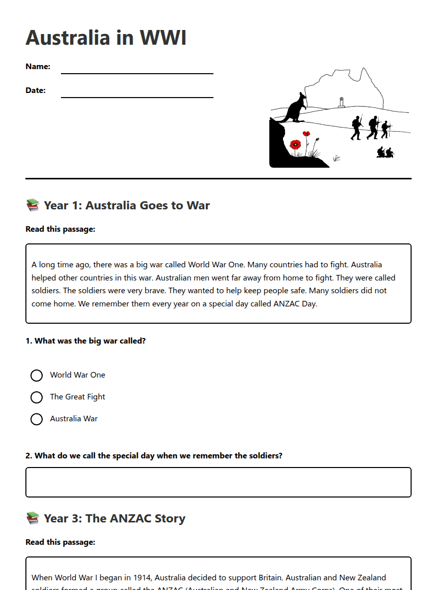 Australia in WWI worksheet preview