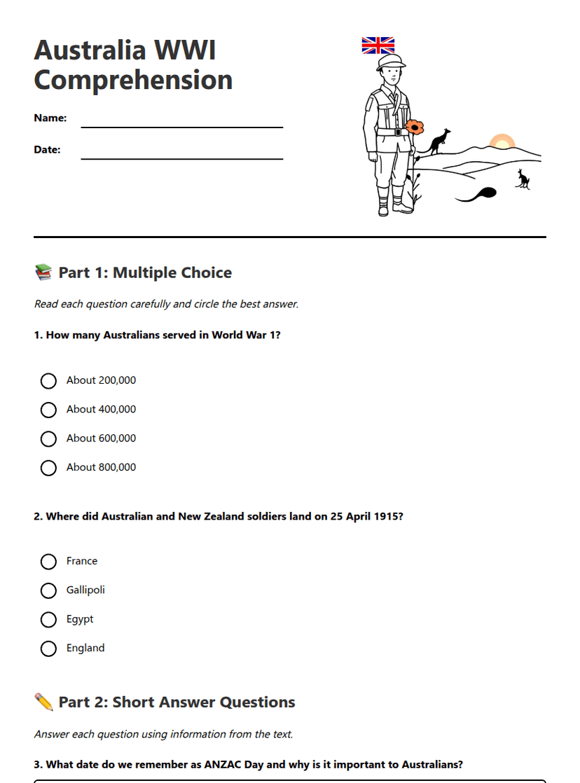 Australia WWI Comprehension