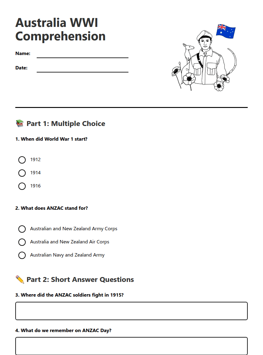 Australia WWI Comprehension worksheet preview