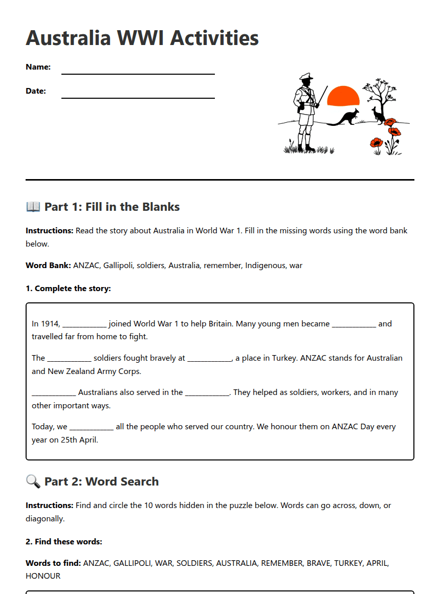 Australia WWI Activities worksheet preview