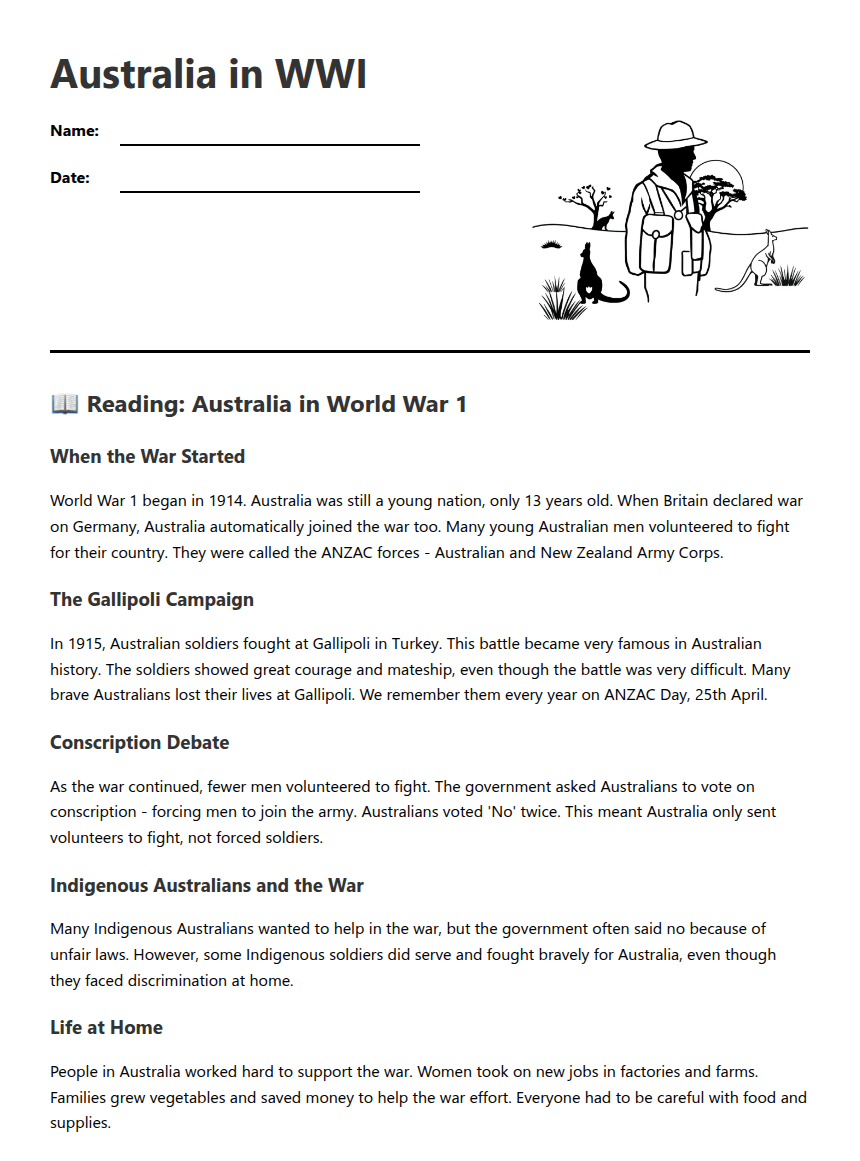 Australia in WWI worksheet preview