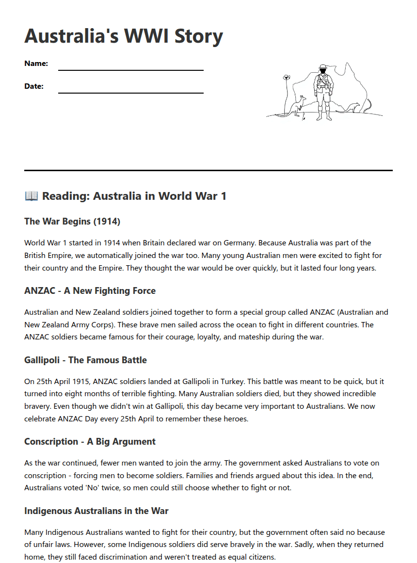Australia's WWI Story worksheet preview