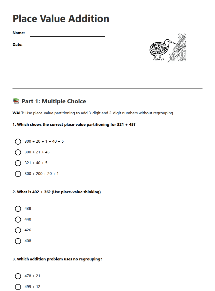 Place Value Addition worksheet preview
