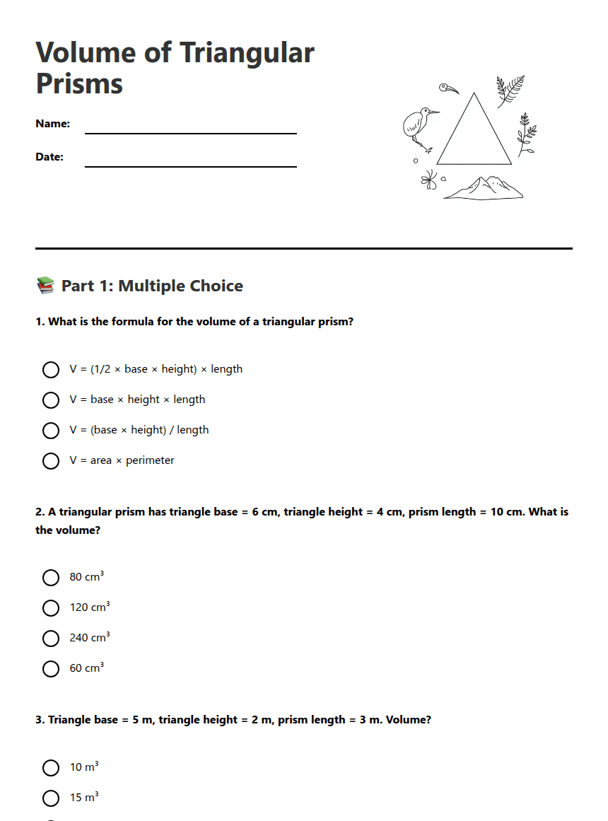 Volume of Triangular Prisms worksheet preview