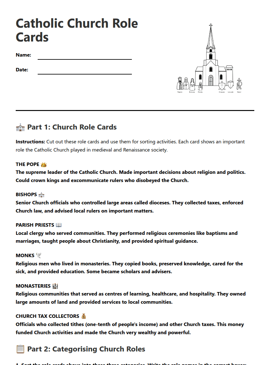 Catholic Church Role Cards worksheet preview