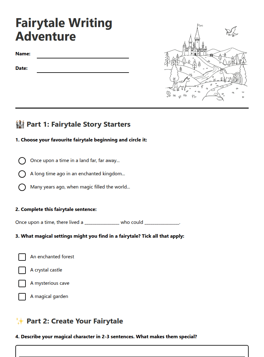 Fairytale Writing Adventure worksheet preview
