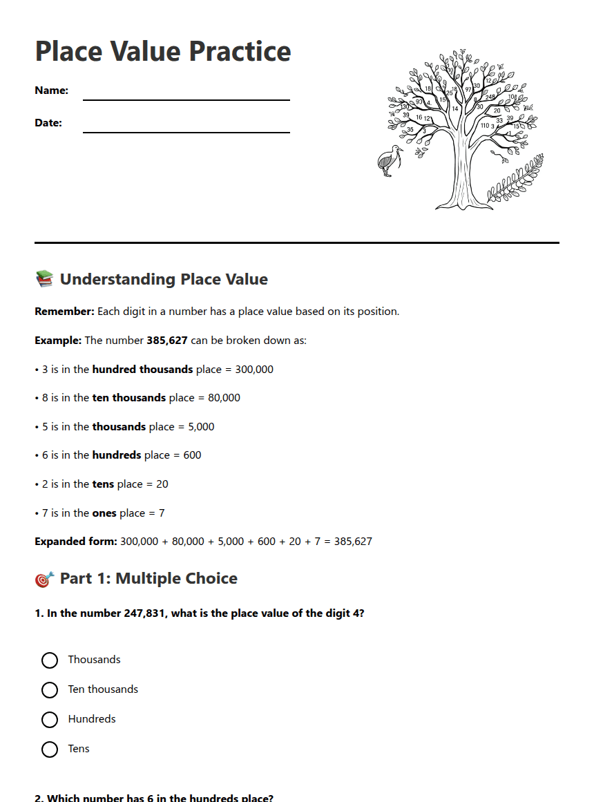 Place Value Practice worksheet preview