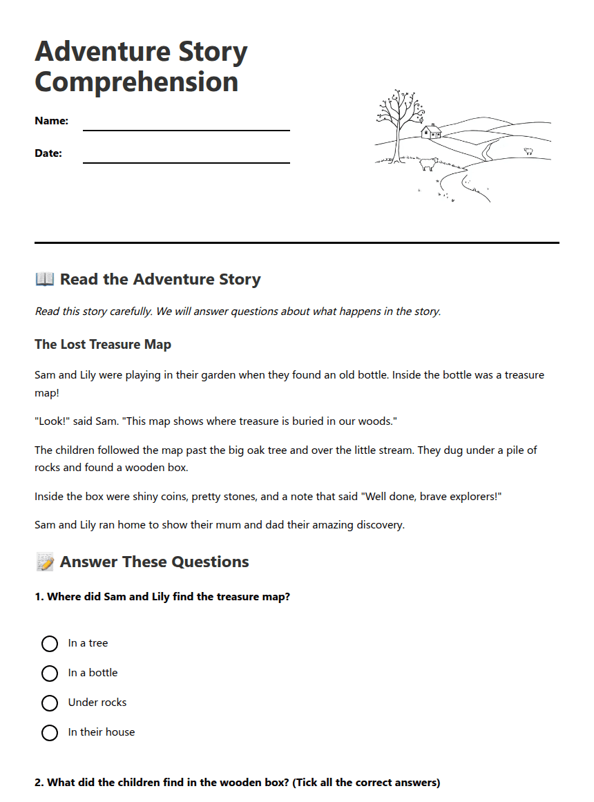 Adventure Story Comprehension worksheet preview