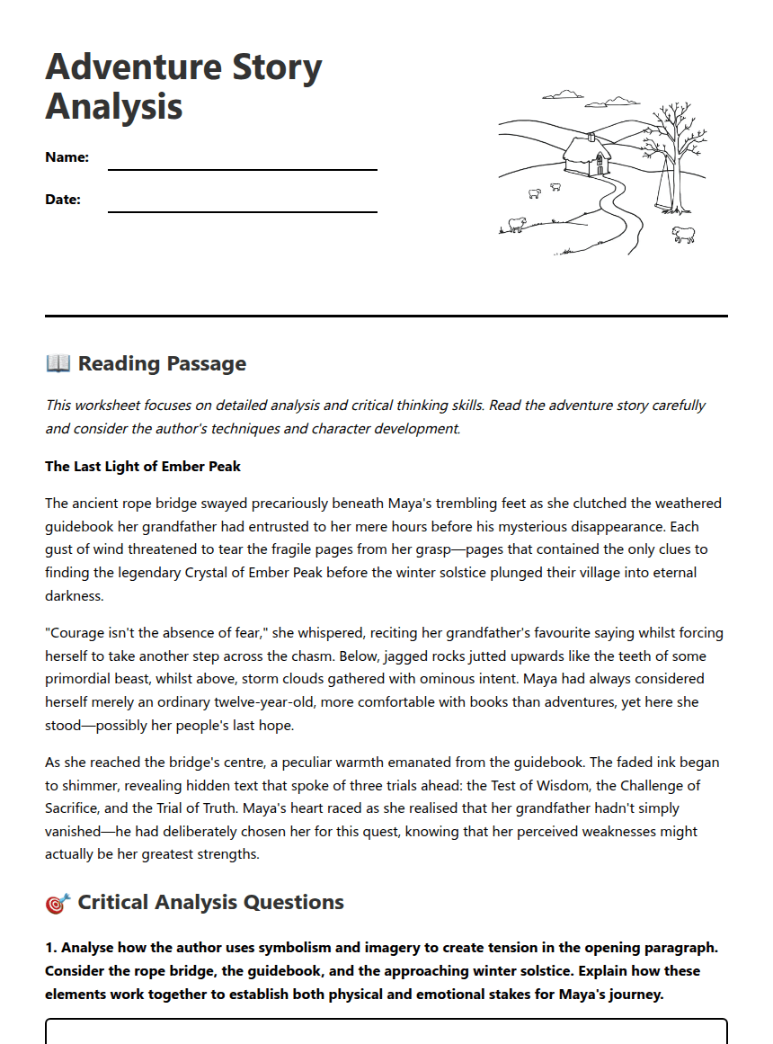 Adventure Story Analysis worksheet preview