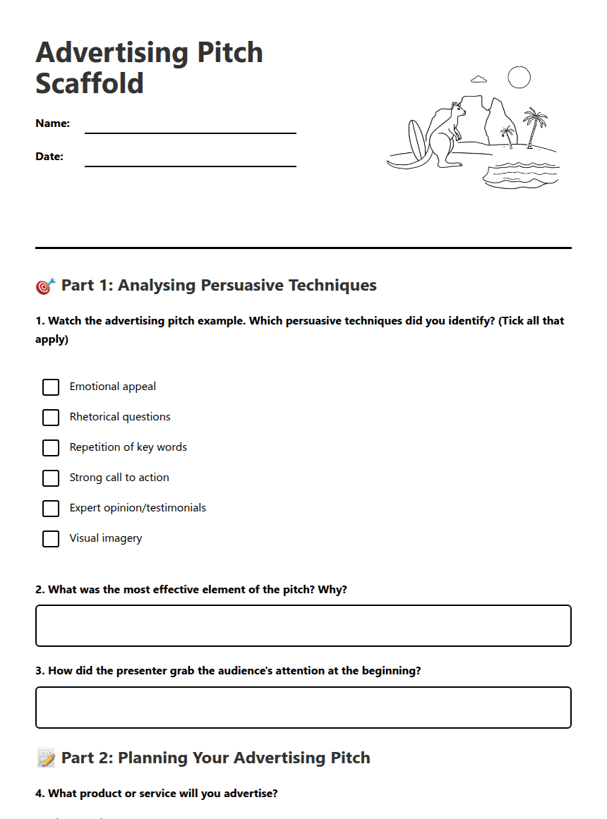 Advertising Pitch Scaffold worksheet preview