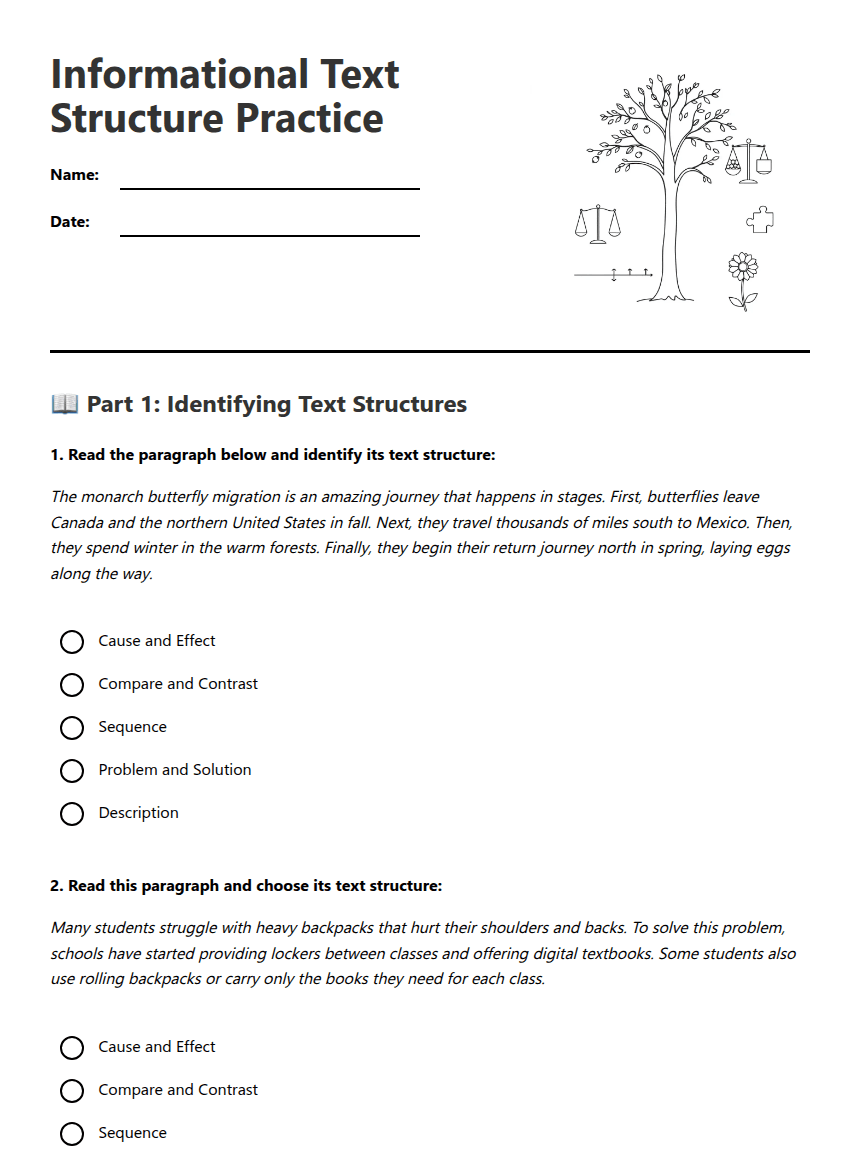 Informational Text Structure Practice worksheet preview
