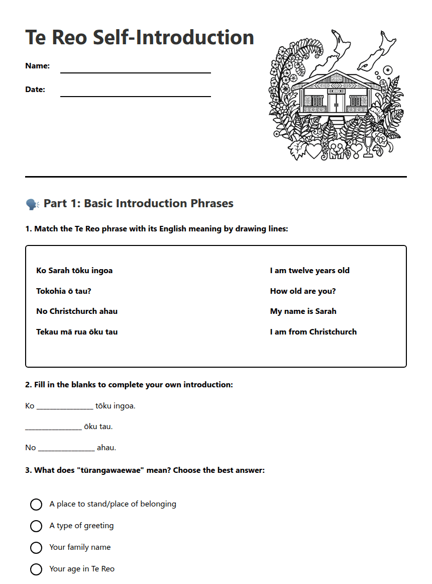 Te Reo Self-Introduction worksheet preview