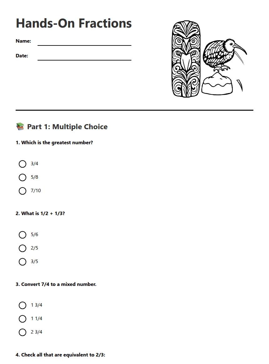 Hands-On Fractions worksheet preview