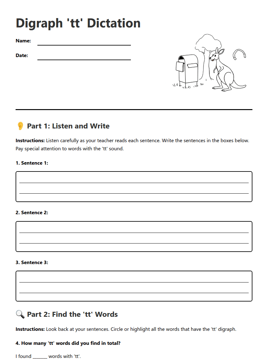 Digraph 'tt' Dictation worksheet preview