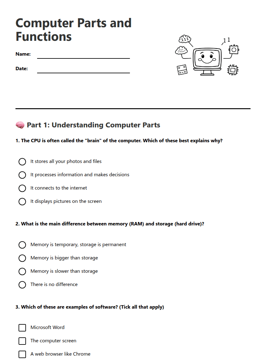 Computer Parts and Functions worksheet preview