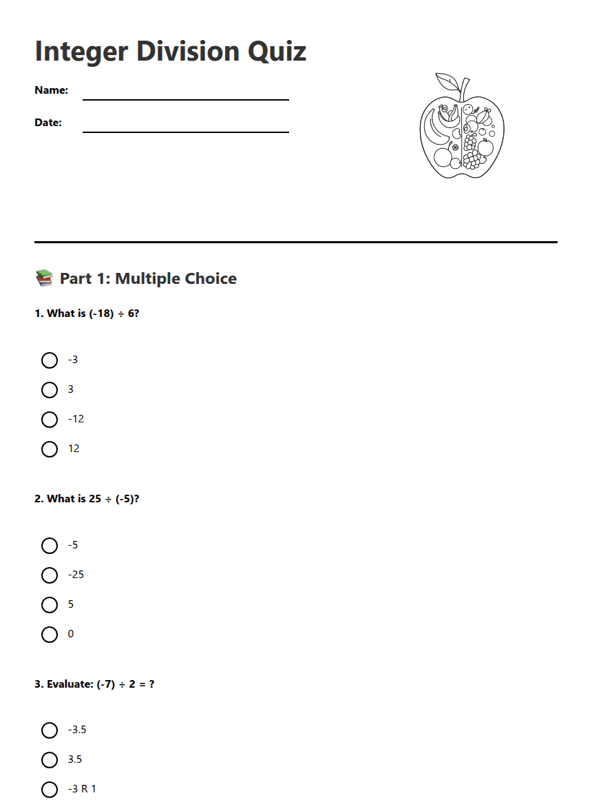 Integer Division Quiz worksheet preview