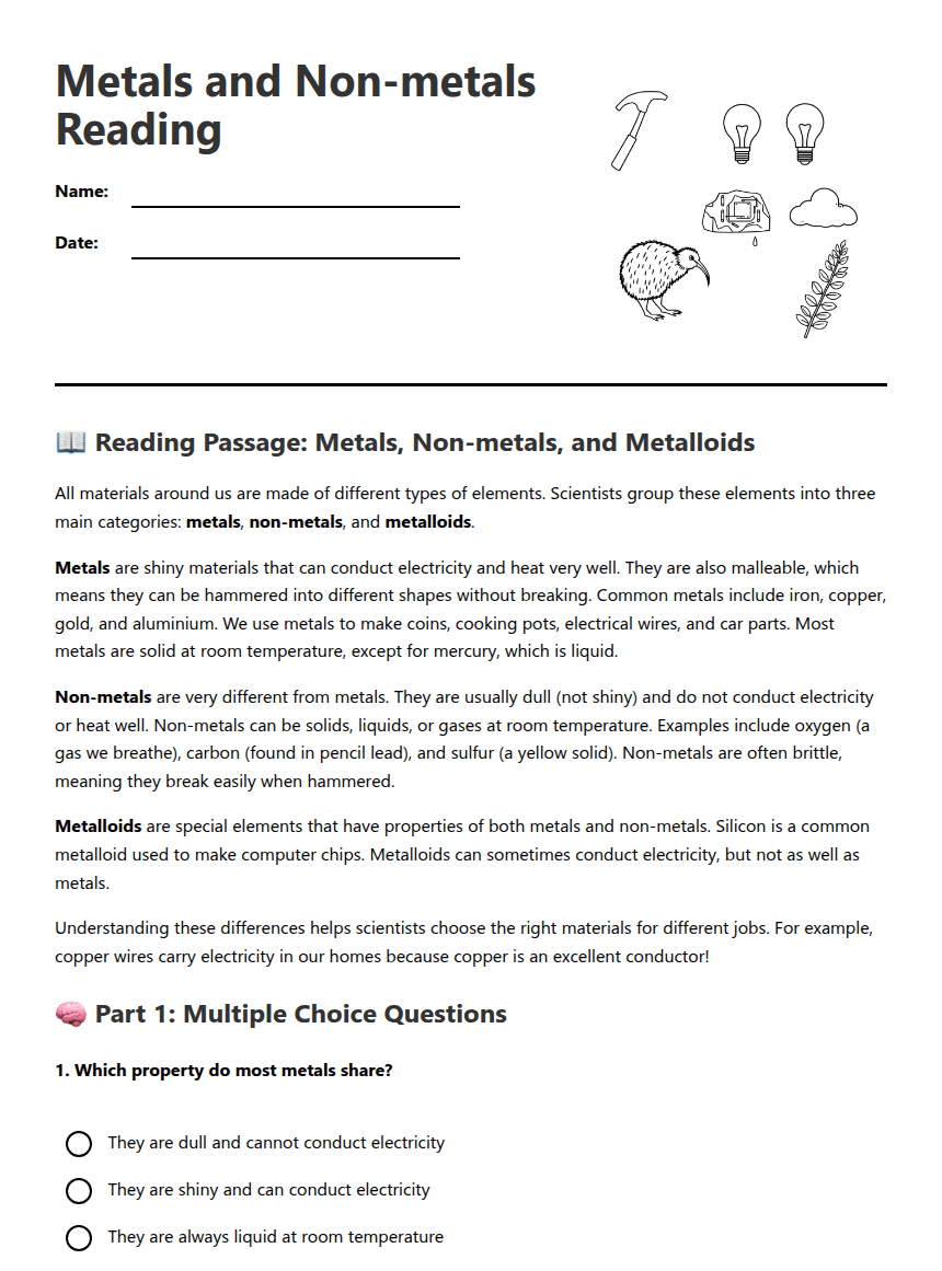 Metals and Non-metals Reading worksheet preview