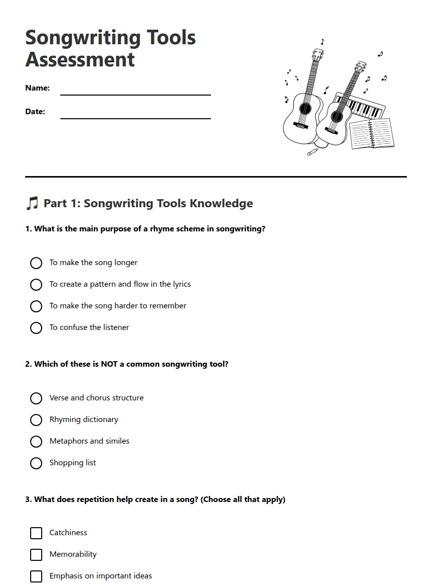 Songwriting Tools Assessment worksheet preview