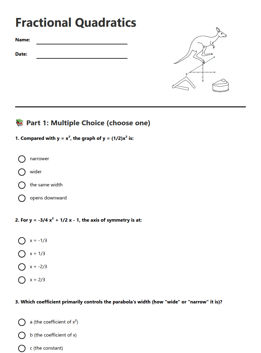 Fractional Quadratics worksheet preview