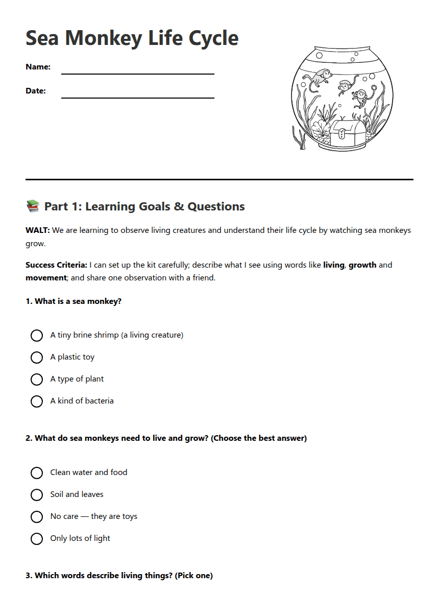 Sea Monkey Life Cycle worksheet preview