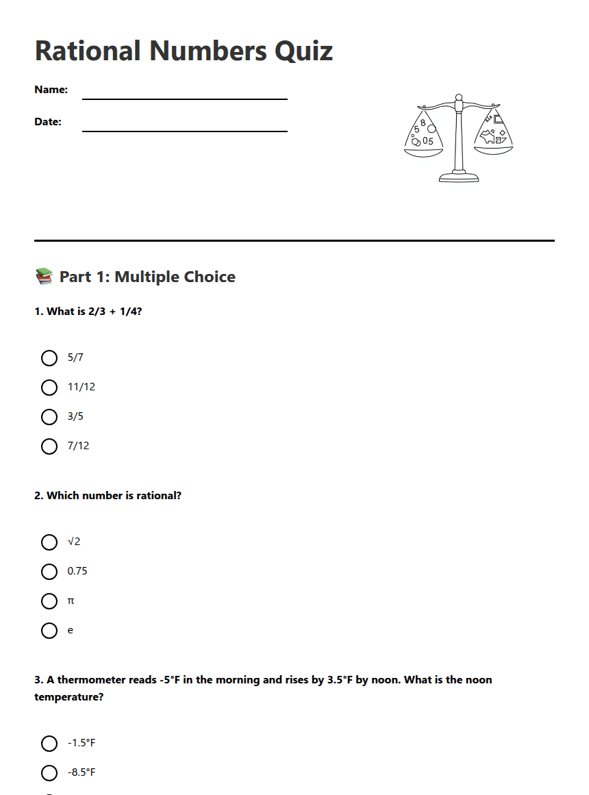 Rational Numbers Quiz worksheet preview
