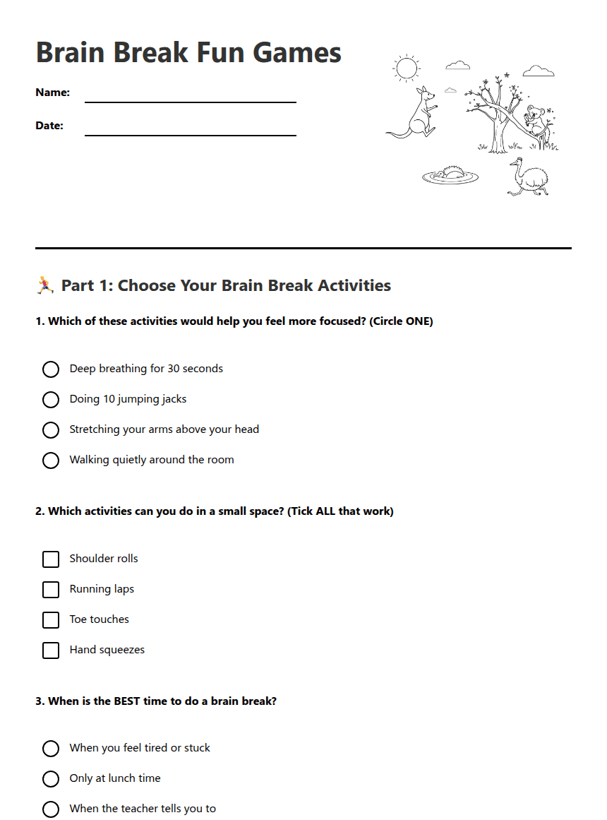 Brain Break Fun Games worksheet preview