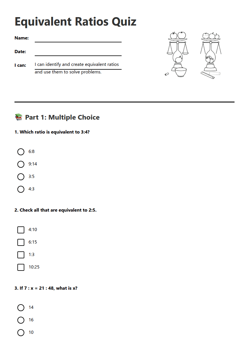 Equivalent Ratios Quiz worksheet preview