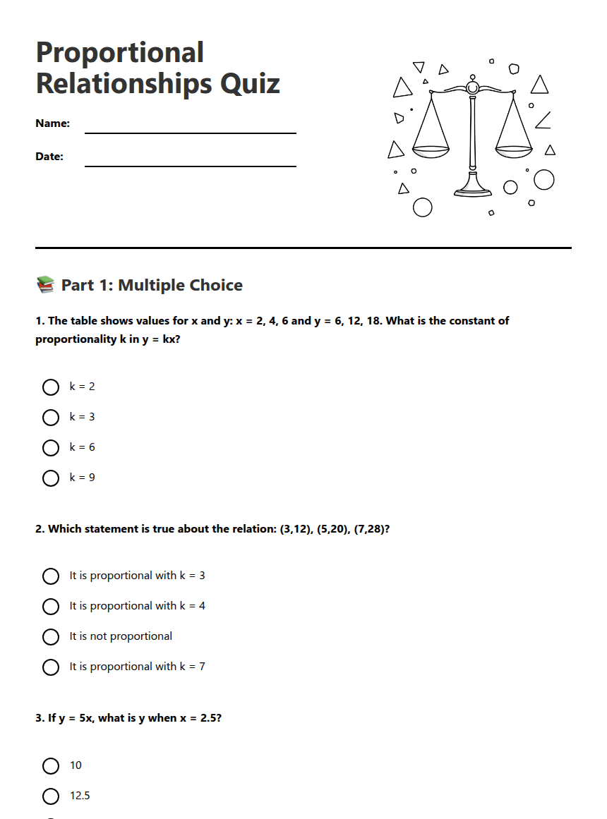 Proportional Relationships Quiz worksheet preview