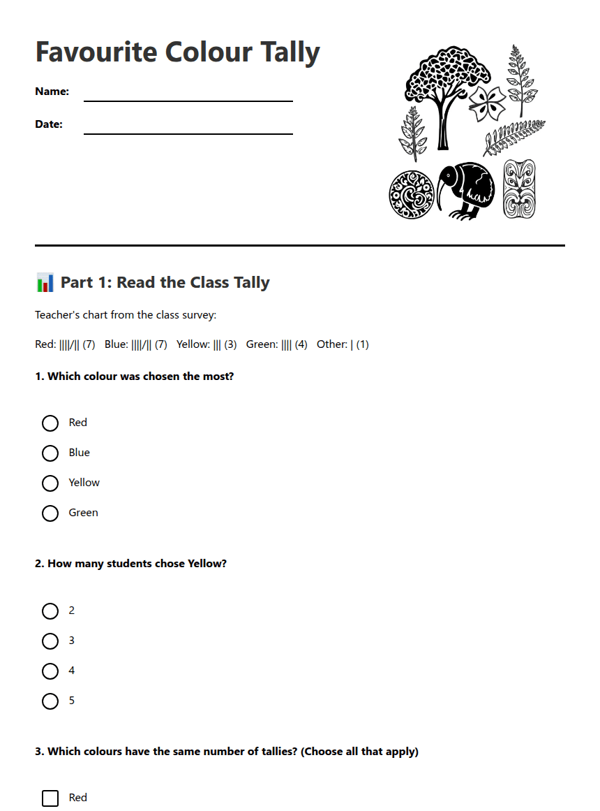 Favourite Colour Tally worksheet preview