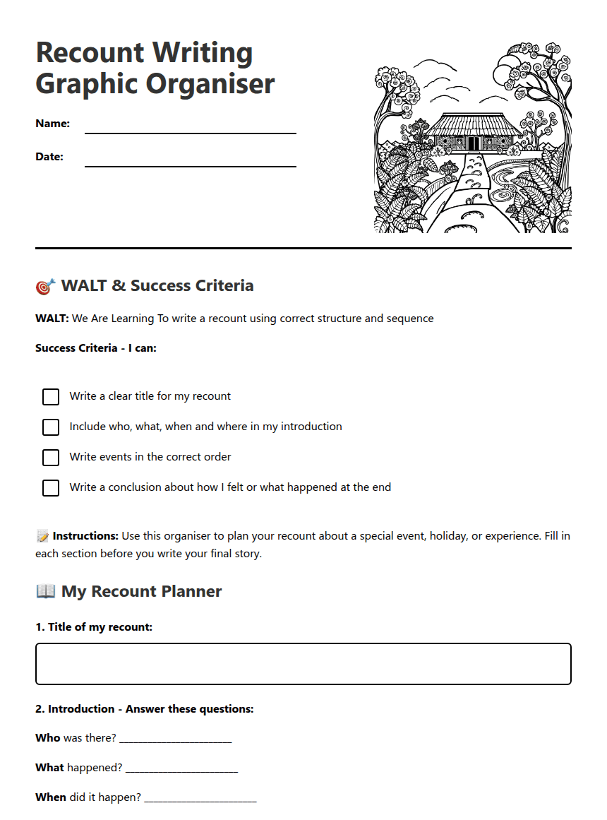 Recount Writing Graphic Organiser worksheet preview