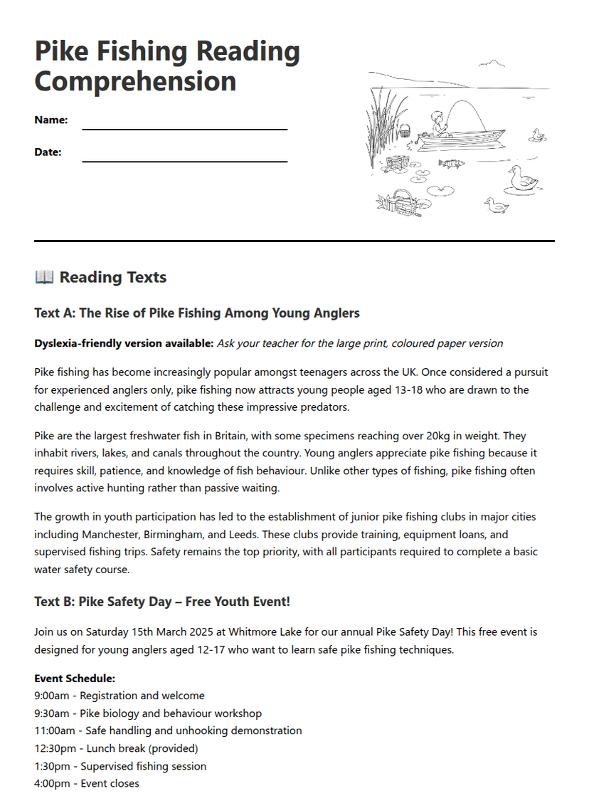 Pike Fishing Reading Comprehension