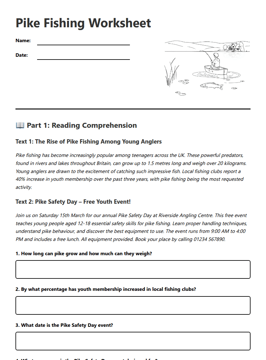 Pike Fishing Worksheet worksheet preview