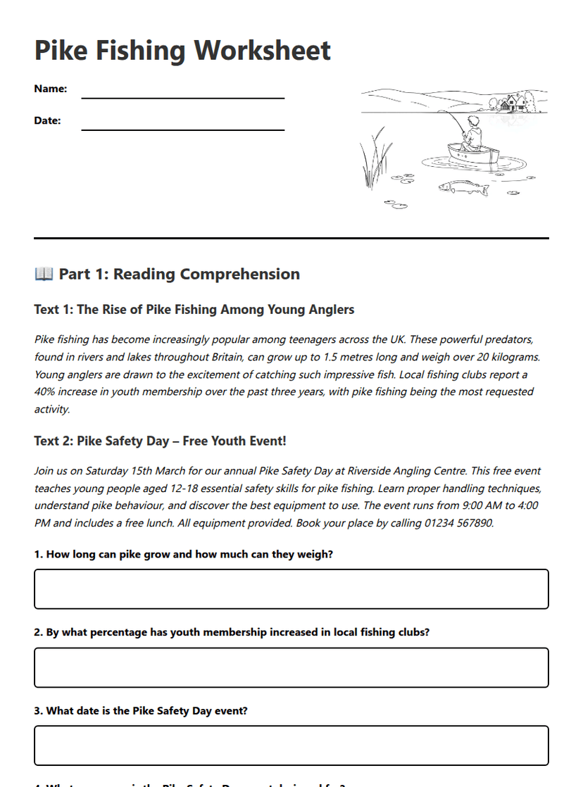 Pike Fishing Worksheet
