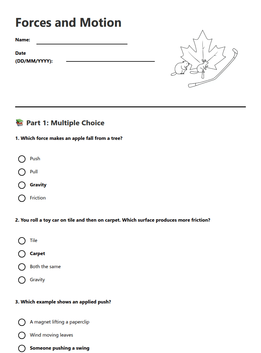Forces and Motion worksheet preview