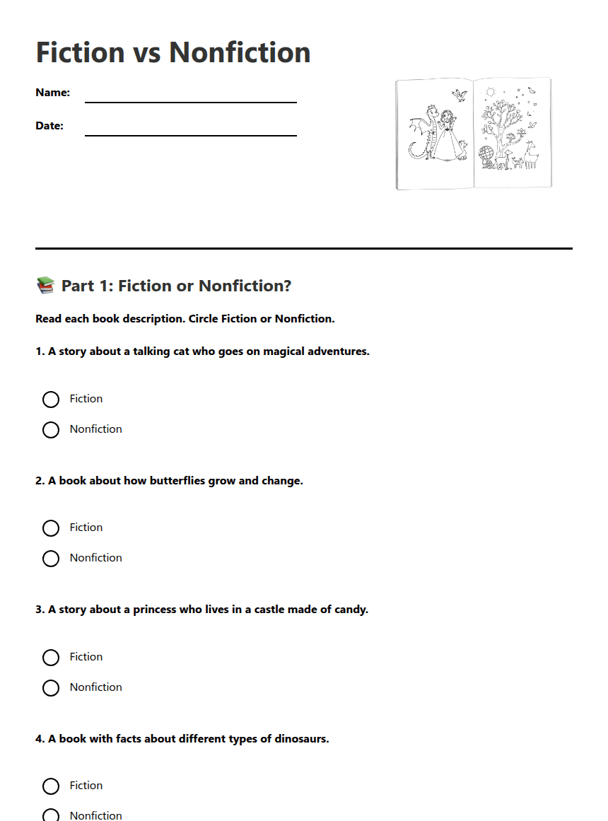 Fiction vs Nonfiction worksheet preview