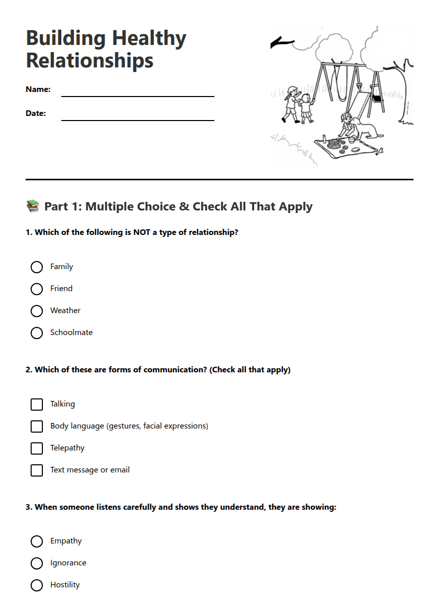 Building Healthy Relationships worksheet preview