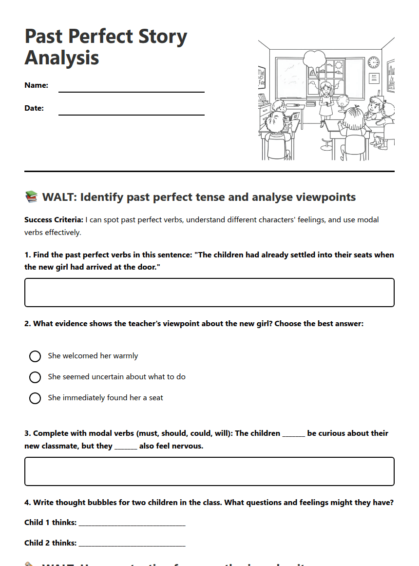 Past Perfect Story Analysis worksheet preview