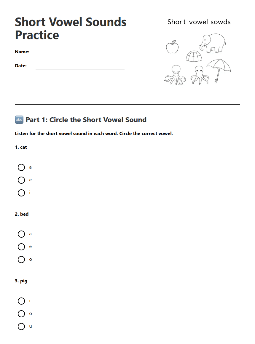 Short Vowel Sounds Practice worksheet preview