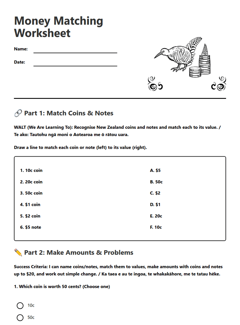 Money Matching Worksheet