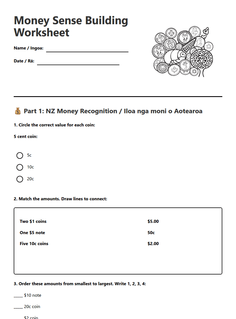 Money Sense Building Worksheet