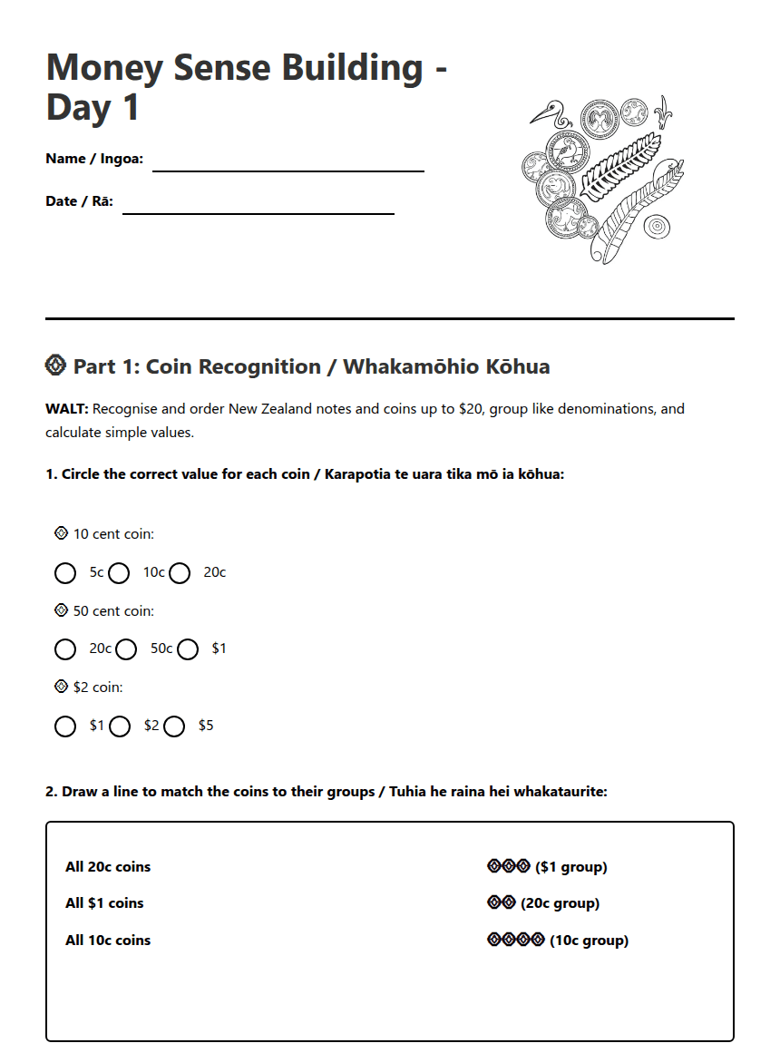 Money Sense Building worksheet preview