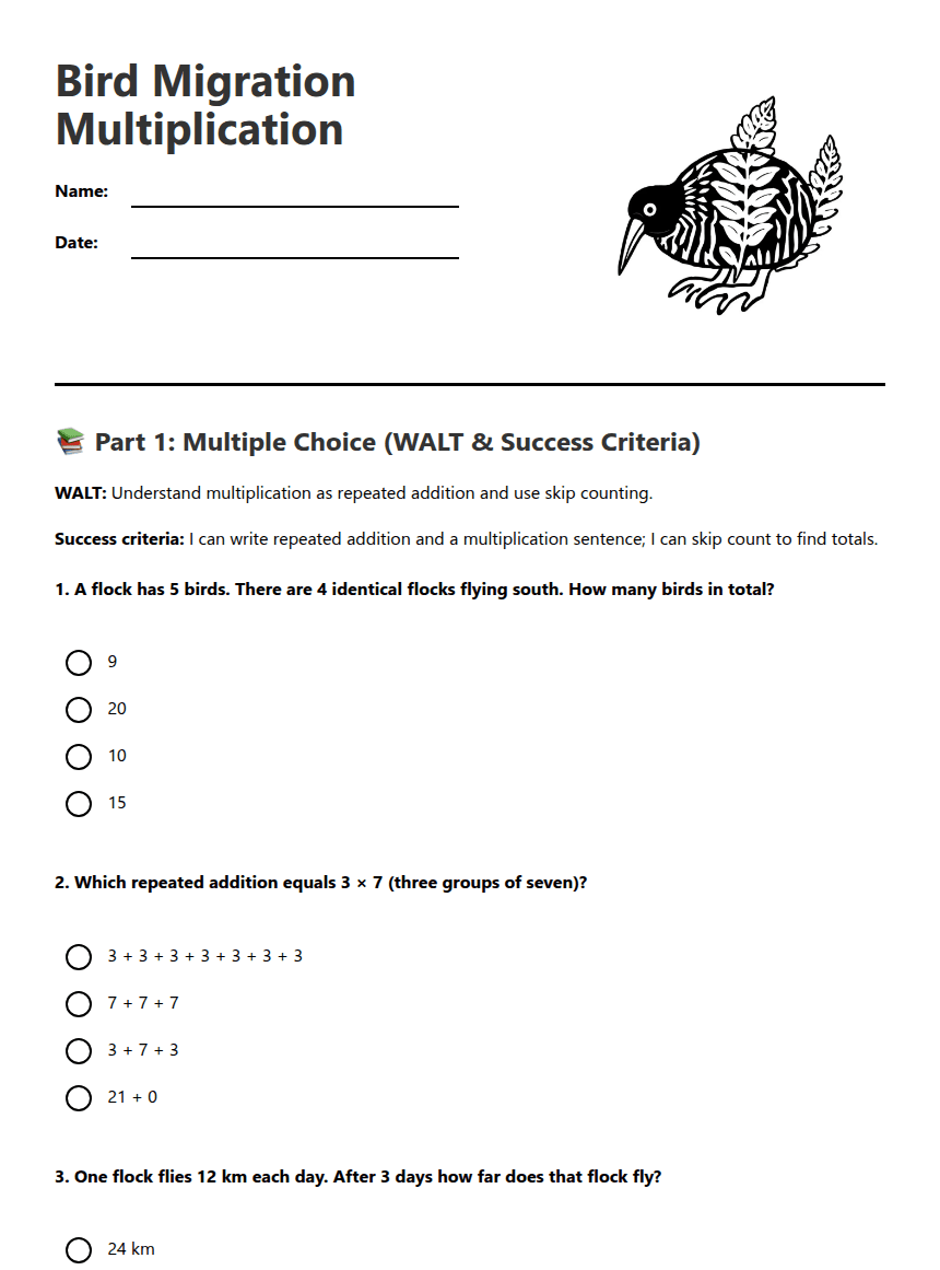 Bird Migration Multiplication worksheet preview