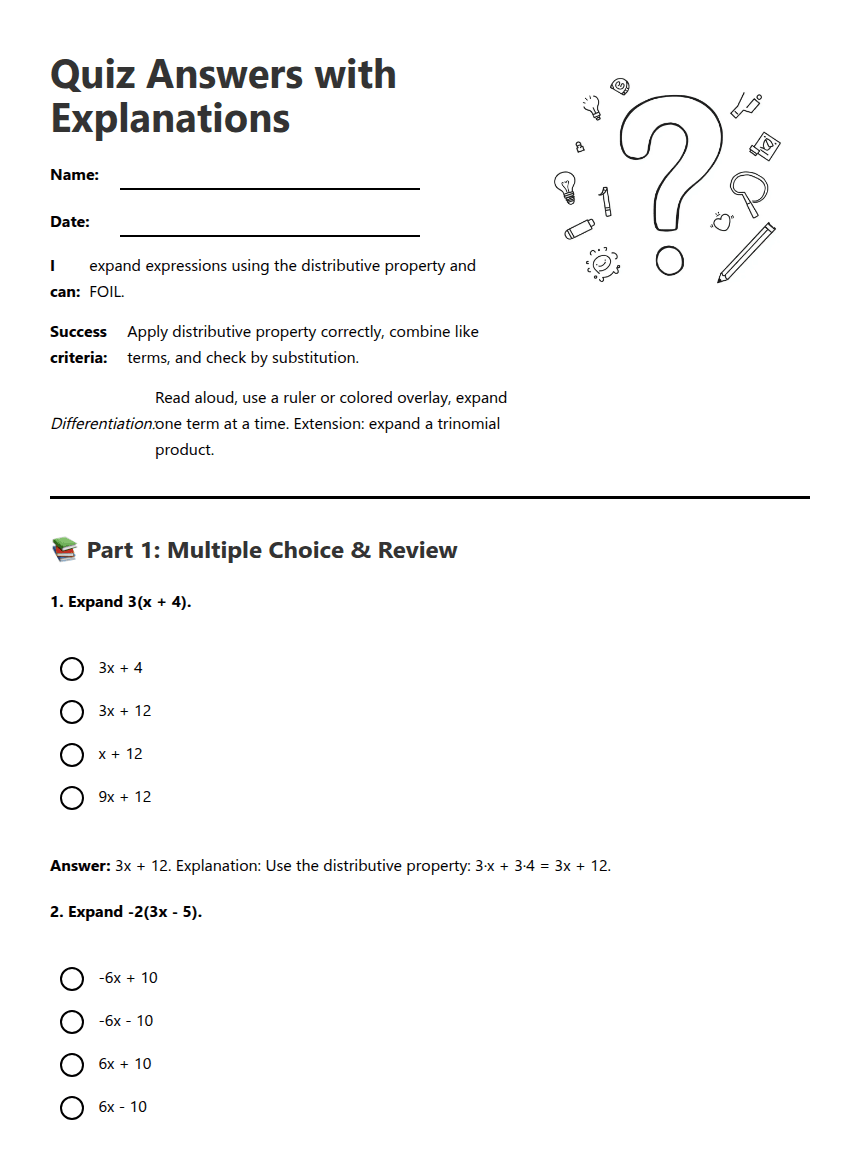 Quiz Answers with Explanations worksheet preview